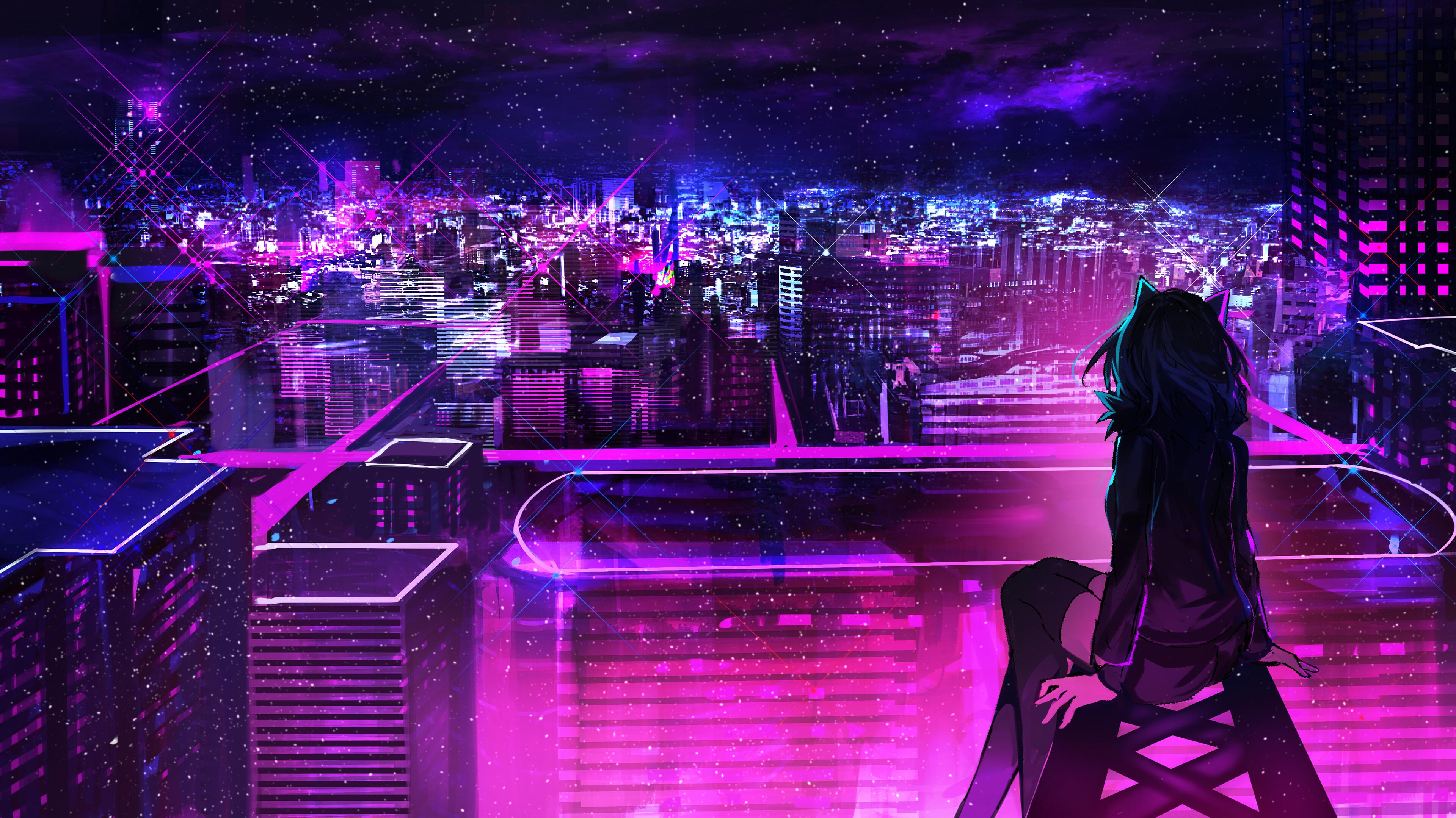 Night City Anime Scenery Buildings 4k Wallpaper