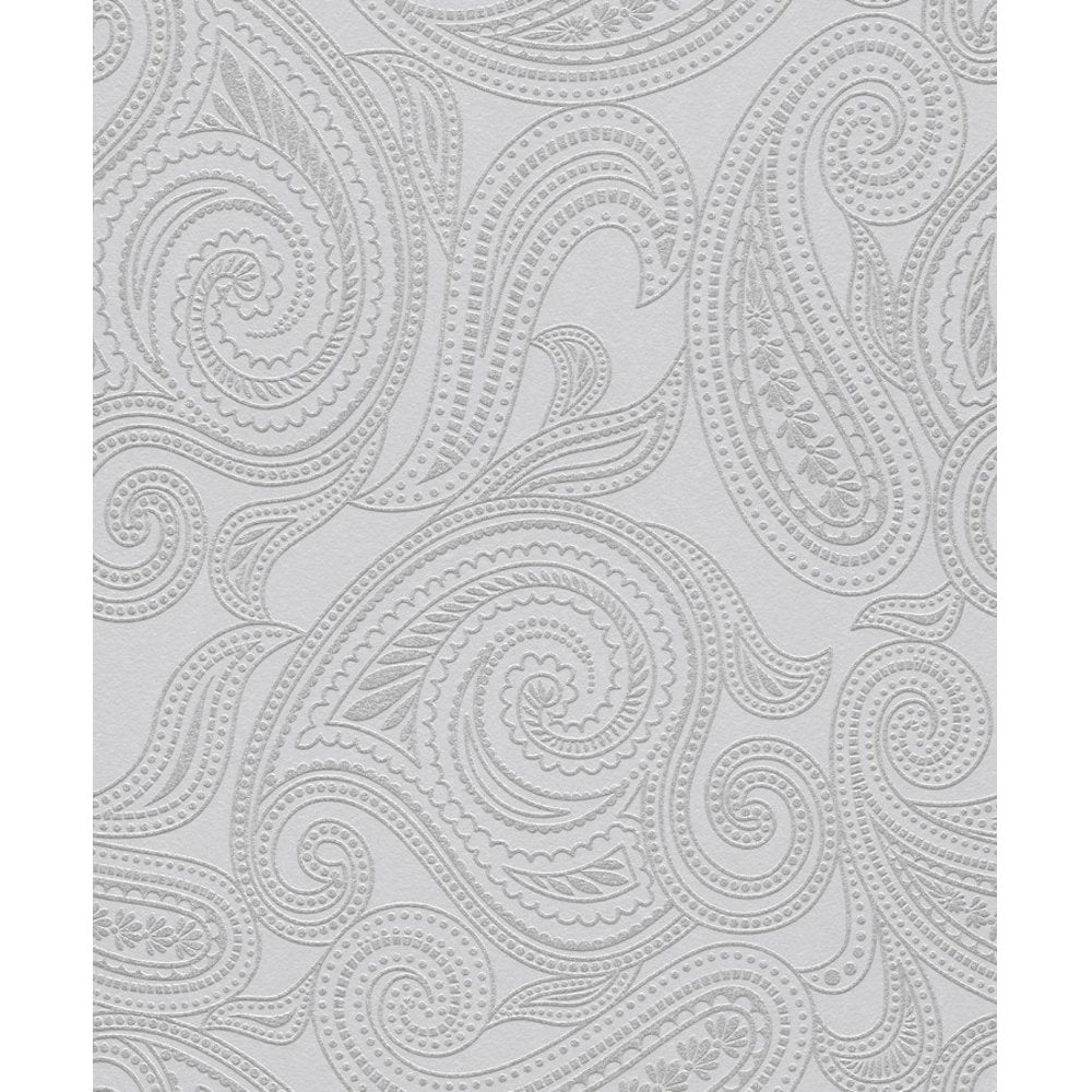 Paisley Motif Patterned Embossed Metallic Grey Silver Wallpaper