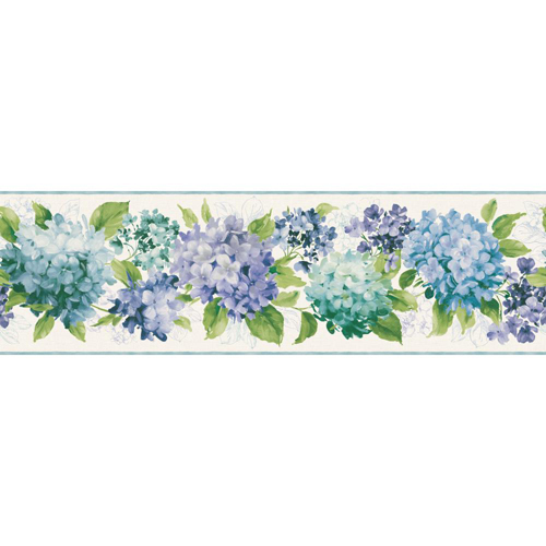 Kitchen And Bath Beige Violet Blue Hydrangea Border Wallpaper