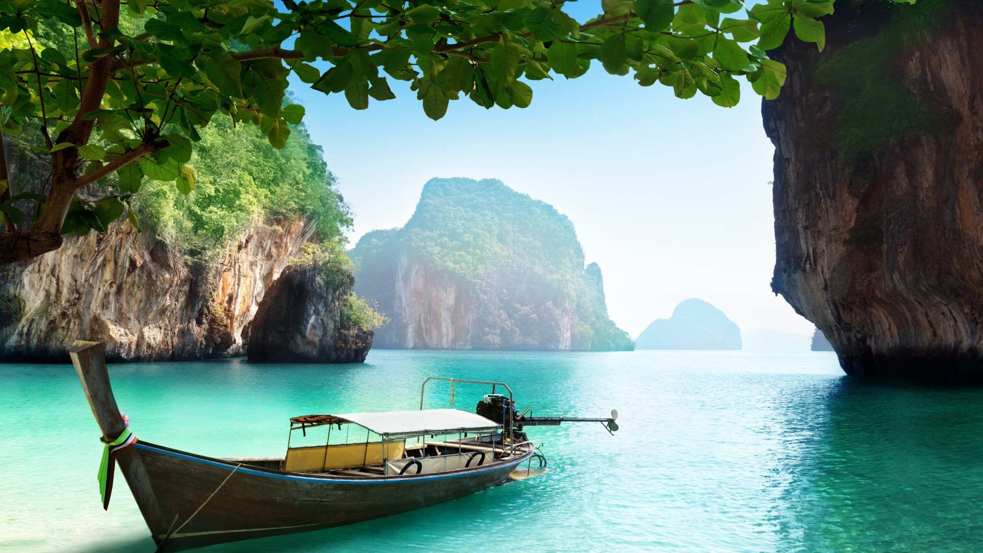 Thailand Thai Sea Water Island Boat Ship Trees Rocks Beach Wallpaper