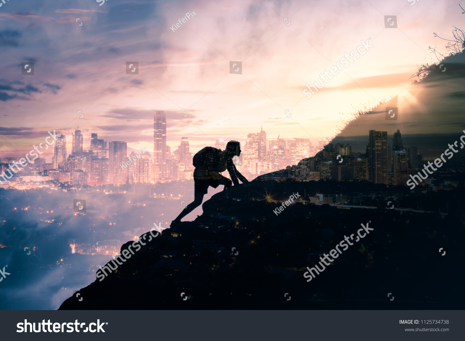 Man Climbing Mountain Against City Background Stock Photo Edit
