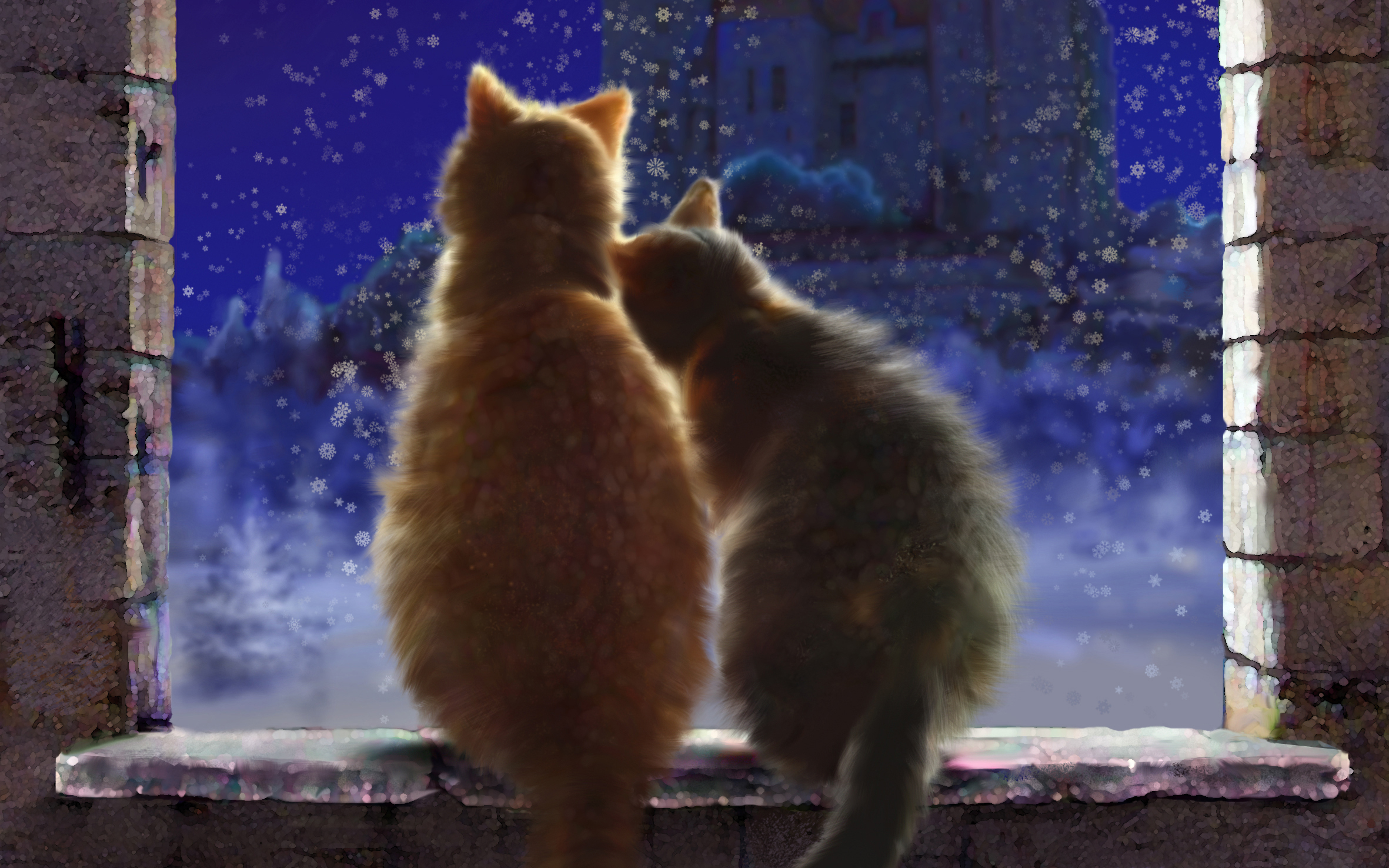 Art cat couple love winter window sill castle night snowflakes 2362x1476