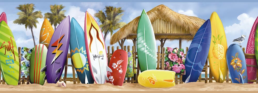 Surfside Beach Surfboard Wallpaper Border