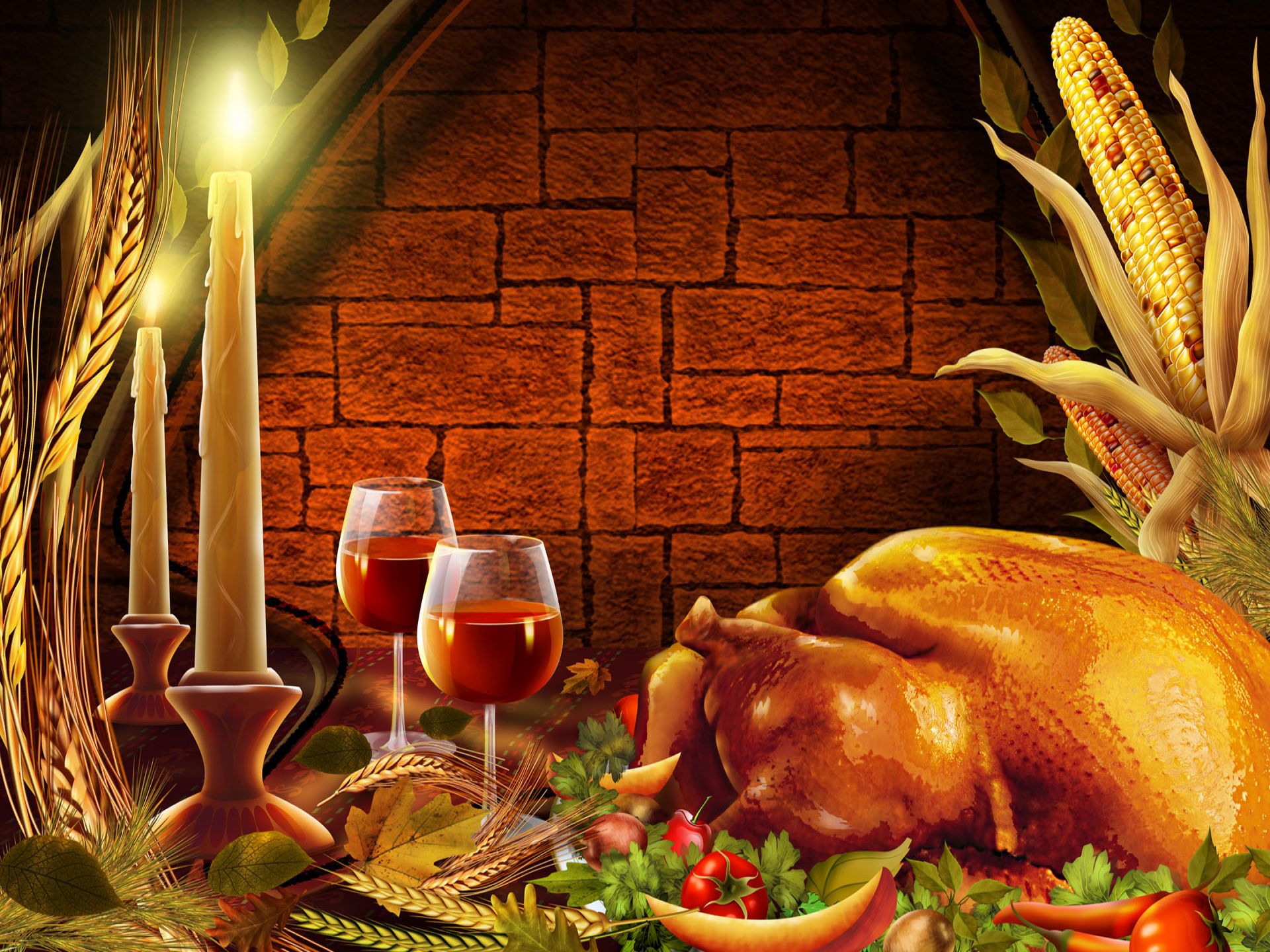 A traditional Thanksgiving feast with roasted turkey, corn, candles, wine, and autumn decorations