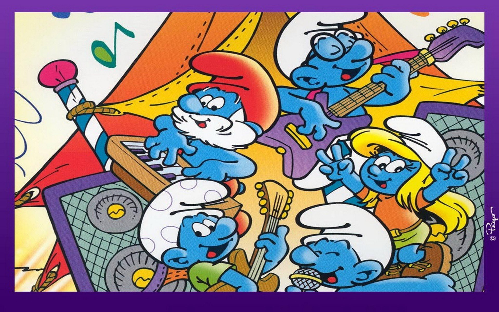 Cartoons The Smurfs Papa Smurf Smurfette Musical Instruments Wallpaper