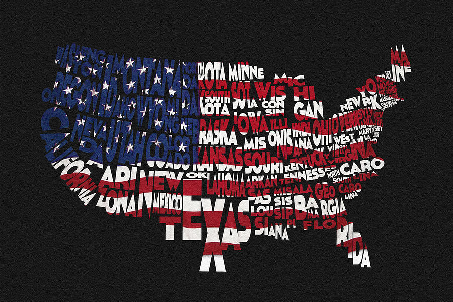 United States Typographic Map Flag Black Background Digital Art By