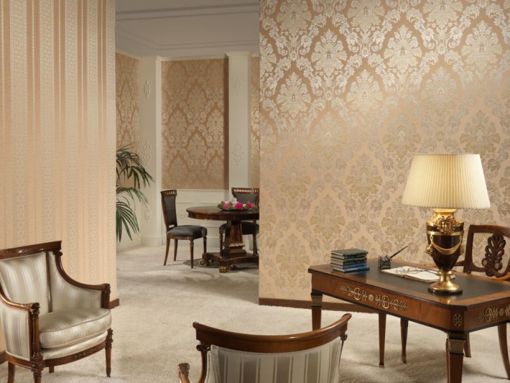 gold color wallpaper in living room OLPOS Design