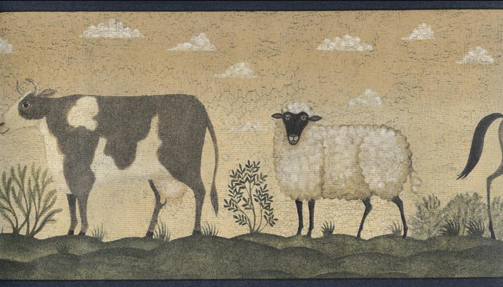 Details About Wallpaper Border Folk Art Primitive Farm Cow Sheep Pig