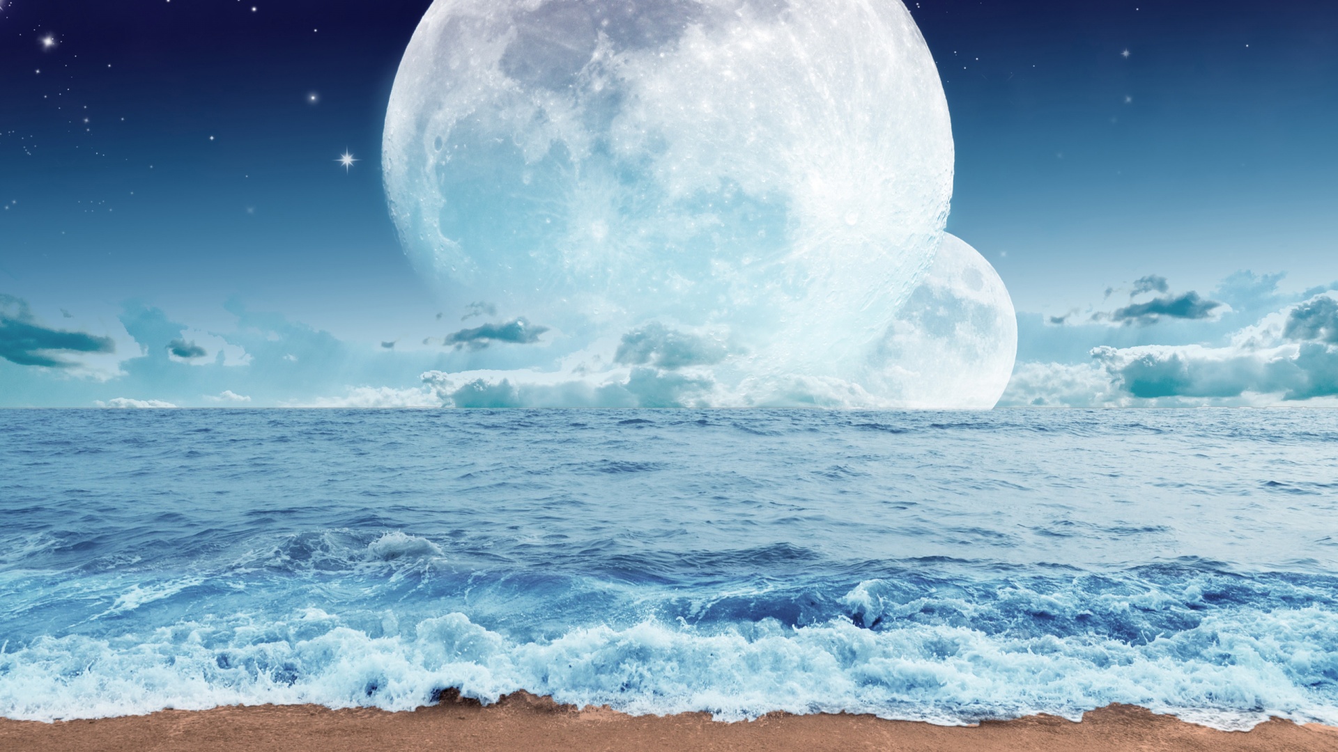 A breathtaking ocean scene with two large, luminous moons dominating the horizon. Gentle waves lap at a sandy beach in the foreground, creating a serene and otherworldly atmosphere