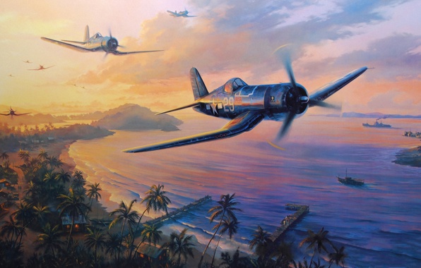 Wallpaper F4u Corsair Dogfight Ww2 War Painting Drawing Art