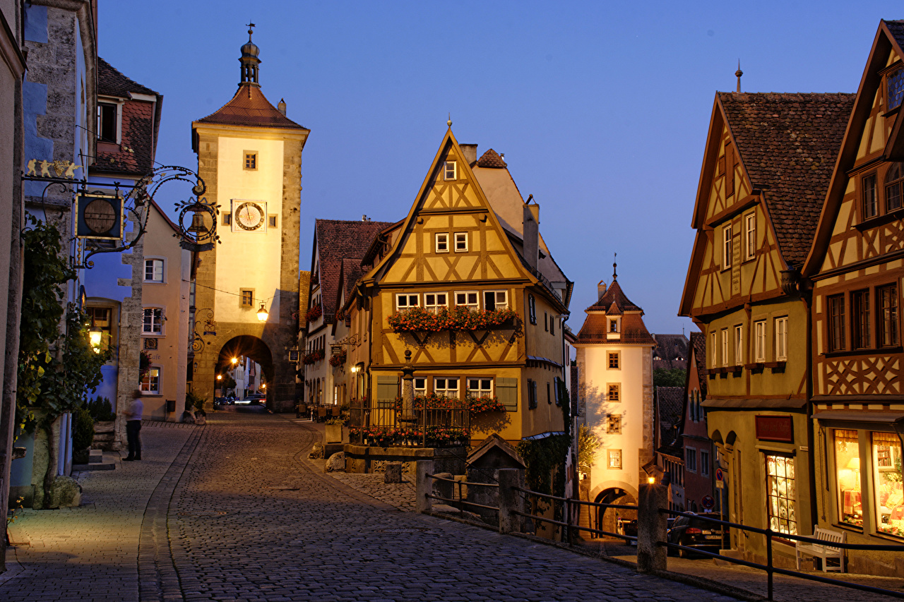 Wallpaper Germany Rothenburg Street Night Time Cities Houses