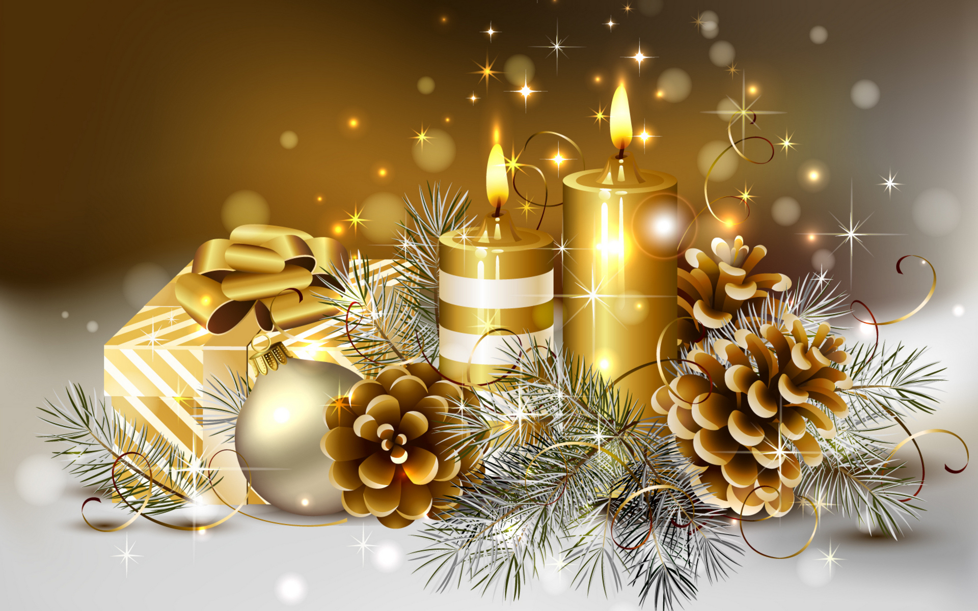 Golden Christmas Still Life with Candles, Gift, and Pine Cones