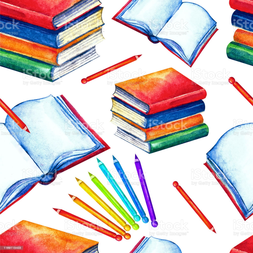 Seamless School Pattern In Watercolor Books Textbooks Colored