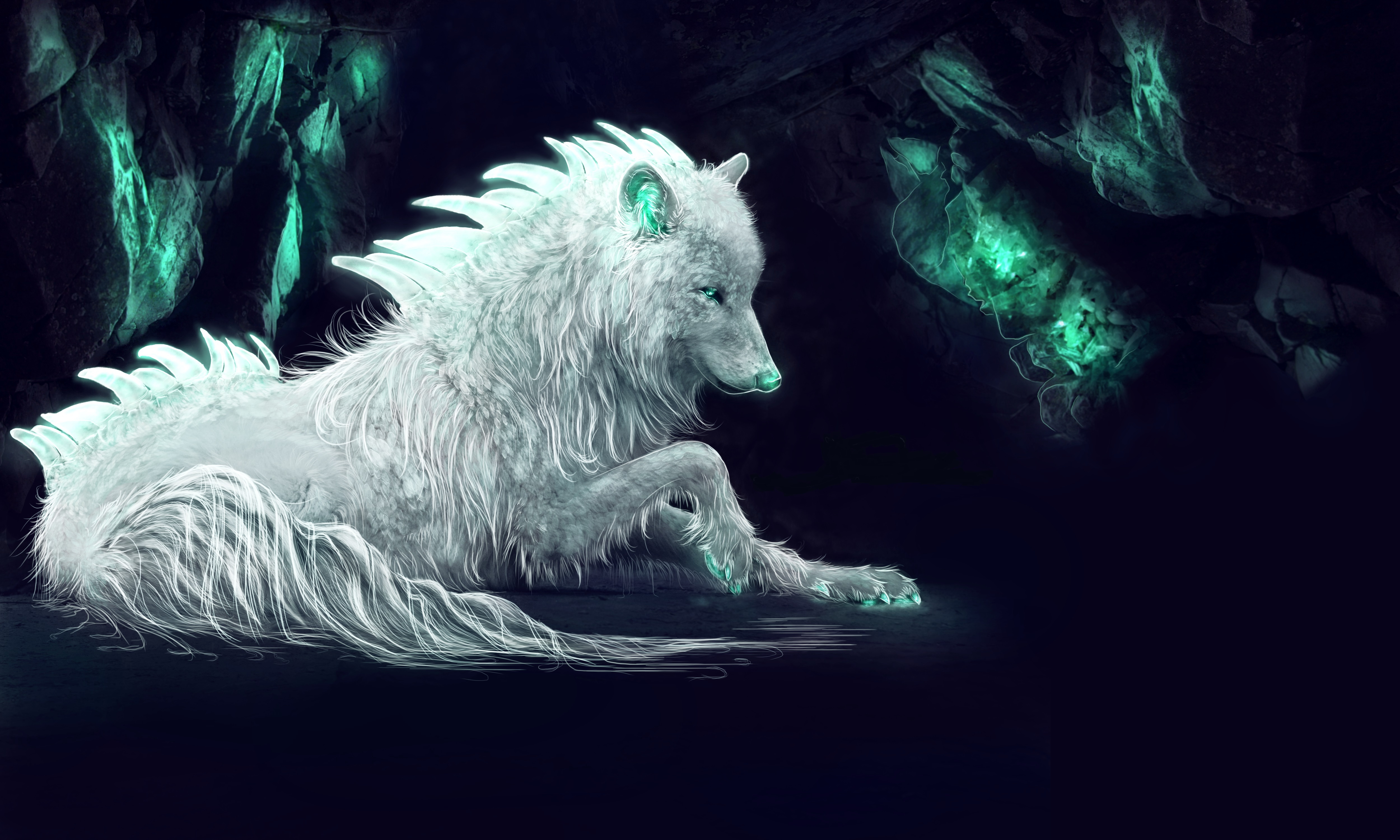 A majestic white wolf with glowing turquoise accents on its fur and spine, resting in a dark cave illuminated by glowing turquoise minerals