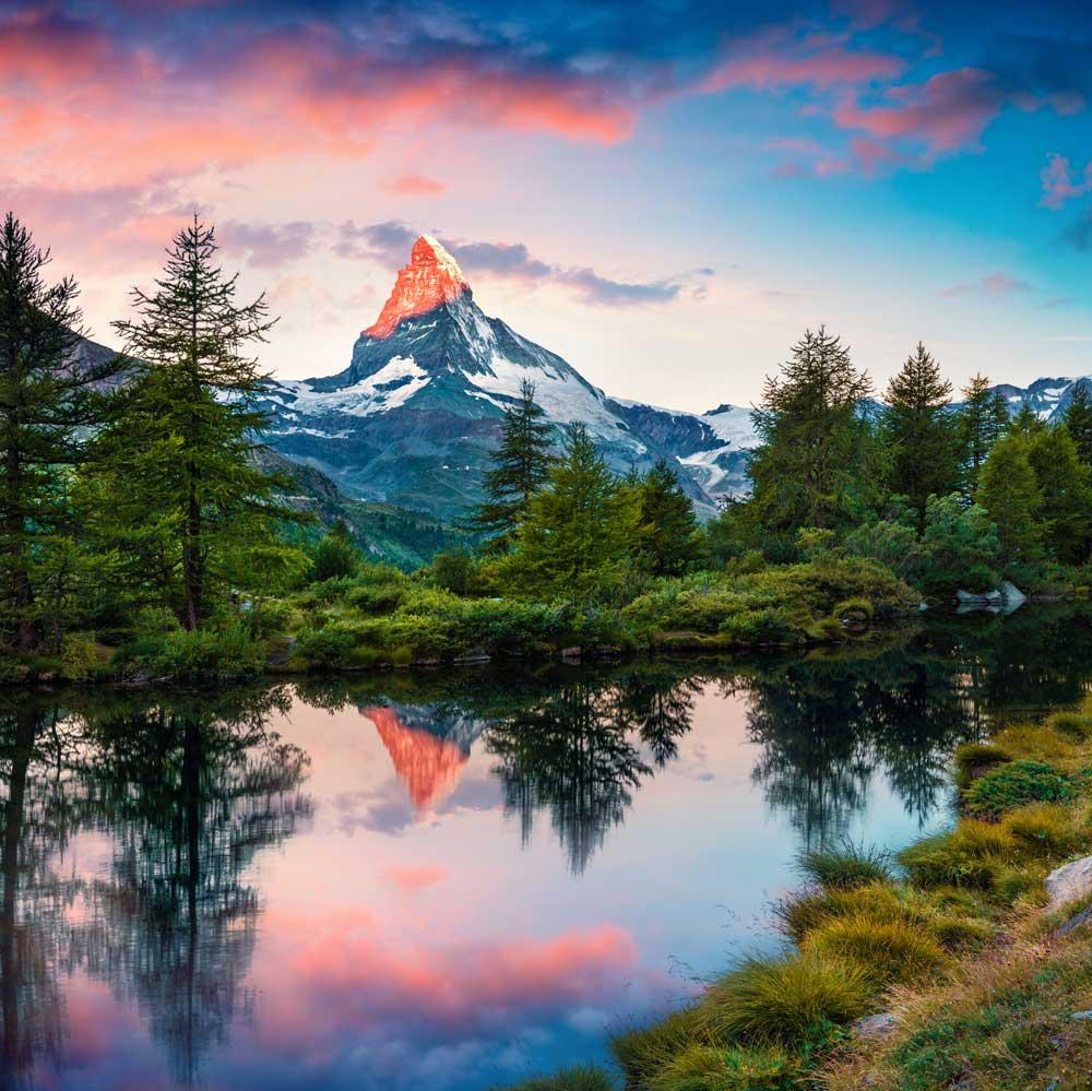 Lake Reflections Summer Sunrise On The Grindjisee Swiss