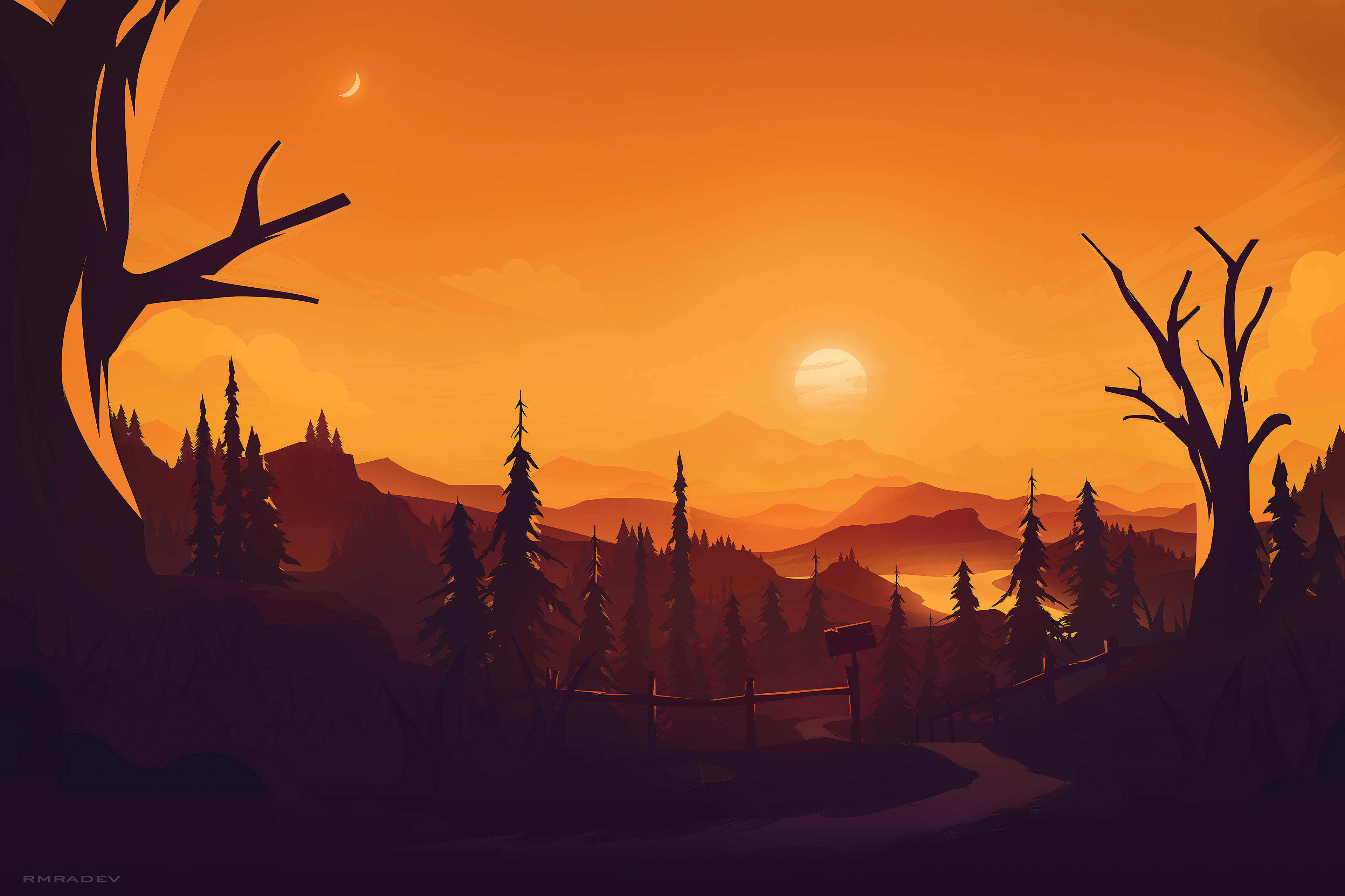 Minimalist 4k wallpaper of a sunset over a mountain valley with silhouetted trees and a crescent moon