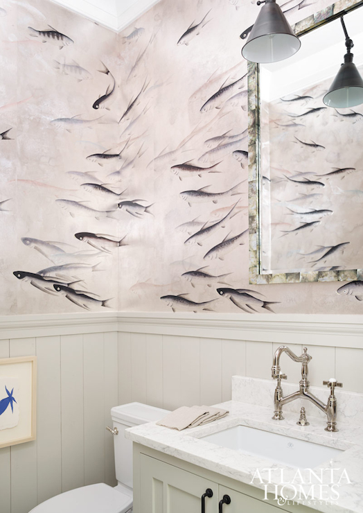 De Gournay Fishes Wallpaper Transitional Bathroom Atlanta Homes