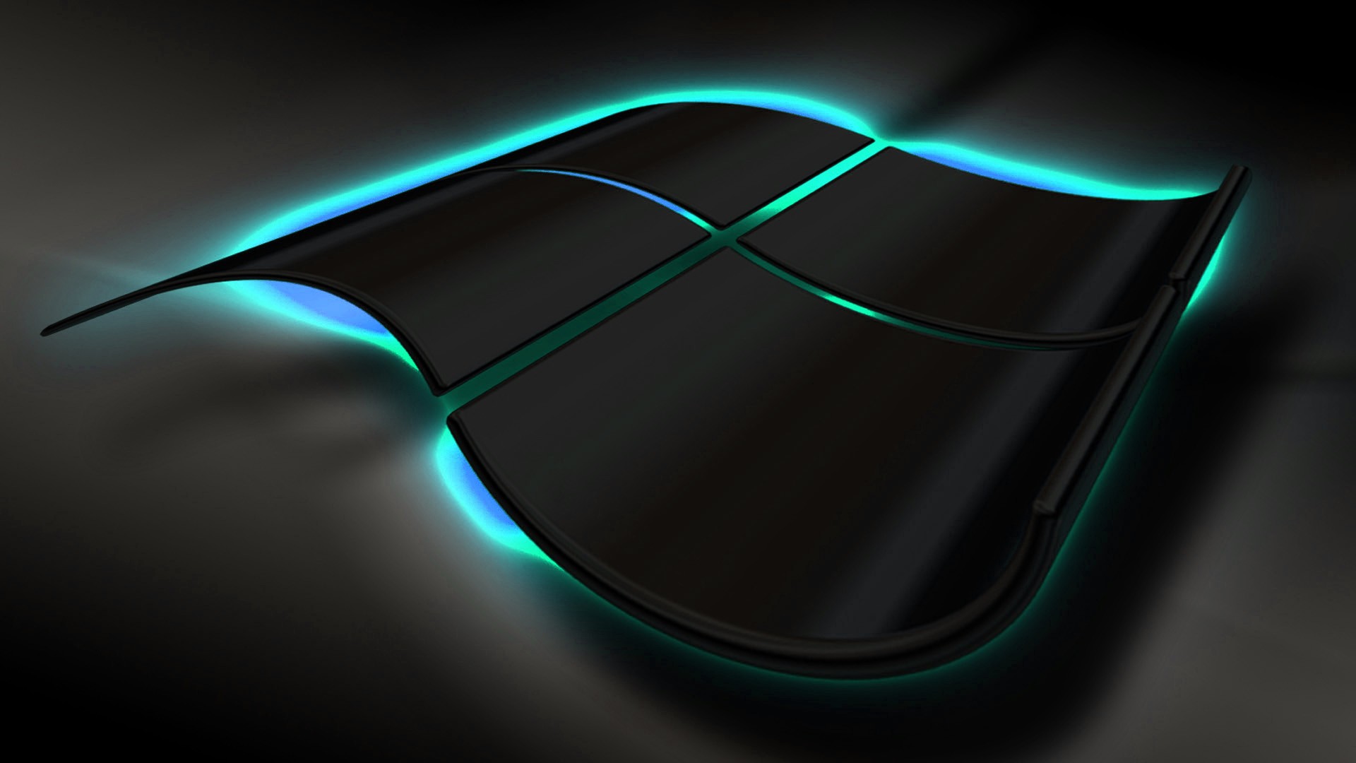 A sleek, dark Windows logo with glowing cyan edges against a dark background