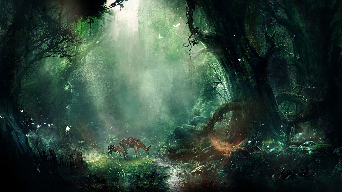 Download Wallpaper 1366x768 Jungle Fantasy Deer