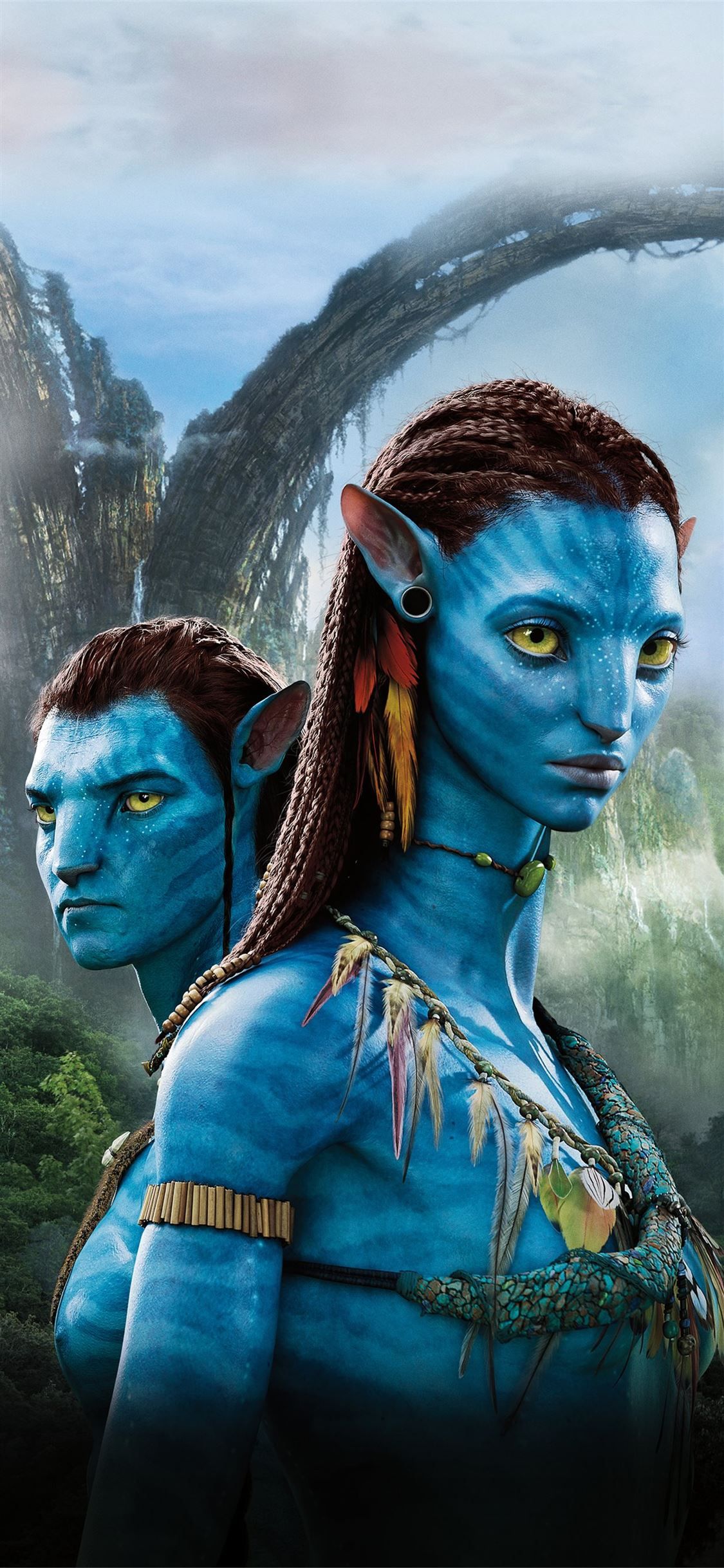 Neytiri and Jake Sully, the main characters of Avatar, stand against the backdrop of Pandora's stunning floating mountains