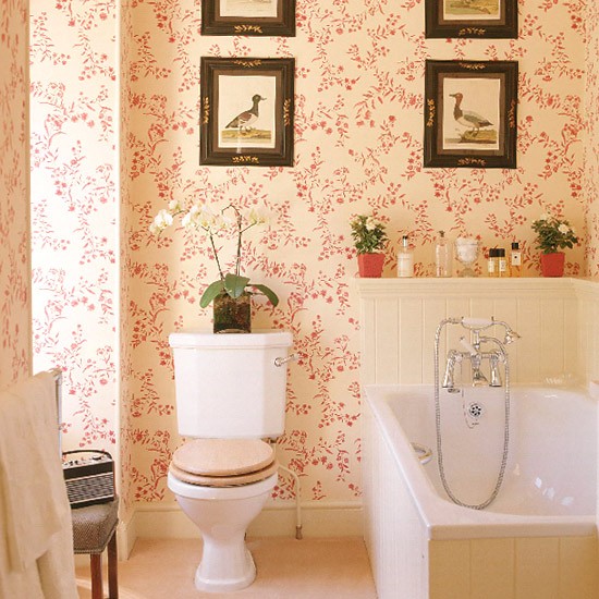 Bathroom with red patterned wallpaper tongue and groove panelling and
