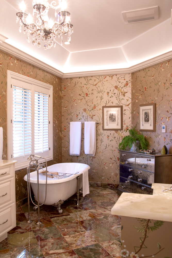 Elegant Bathroom With Floral Wallpaper And Unique Tile Flooring Design