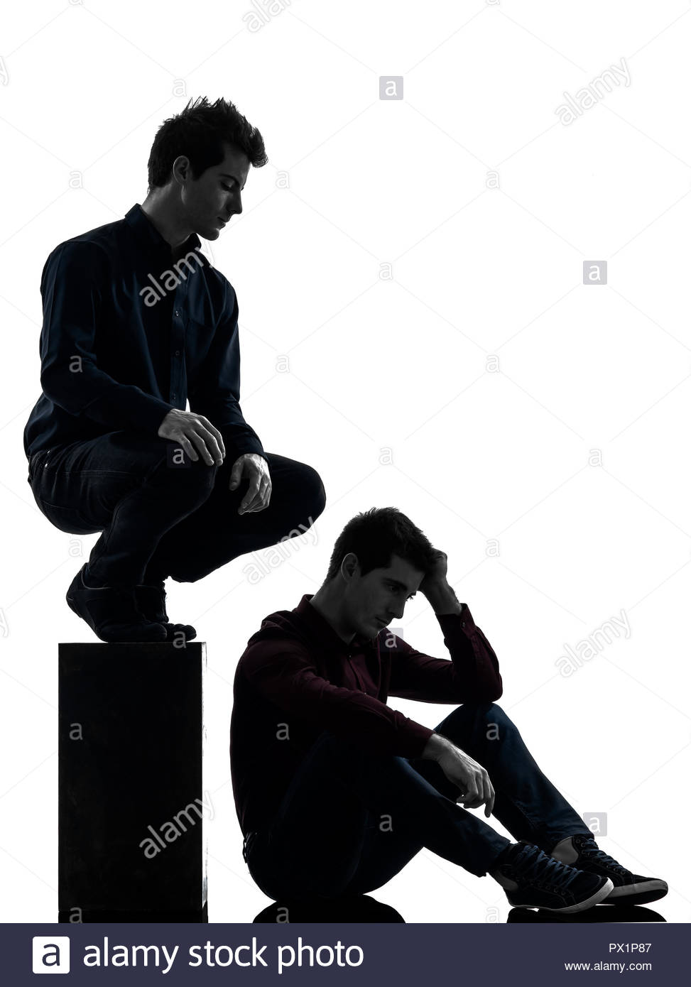 Two Young Men Domination Concept Shadow White Background Stock