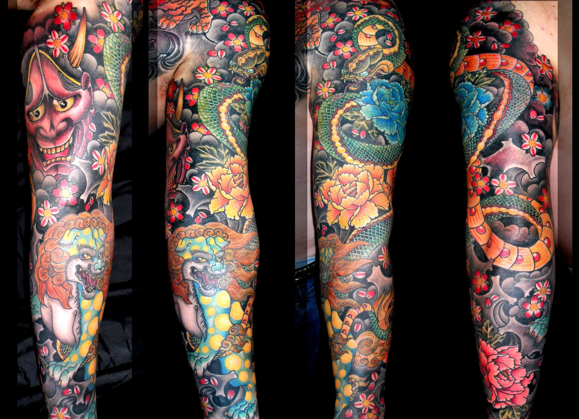 Colorful Japanese-style full sleeve tattoo featuring a Hannya mask, foo dog, snake, flowers, and clouds