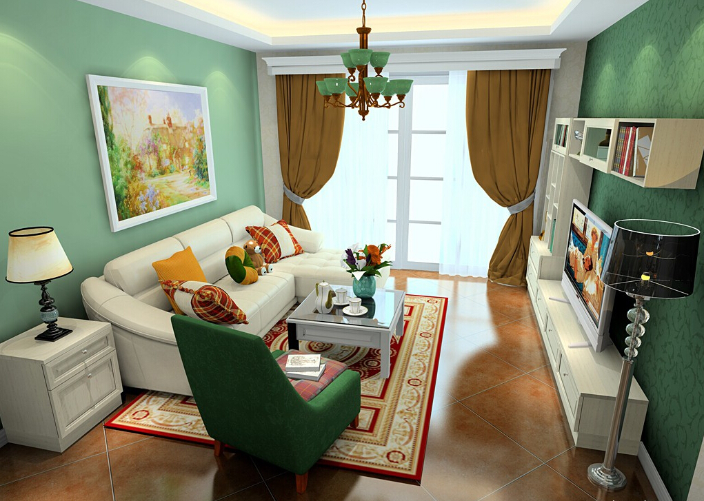 English pastoral style living room wall green 3D house Free 3D
