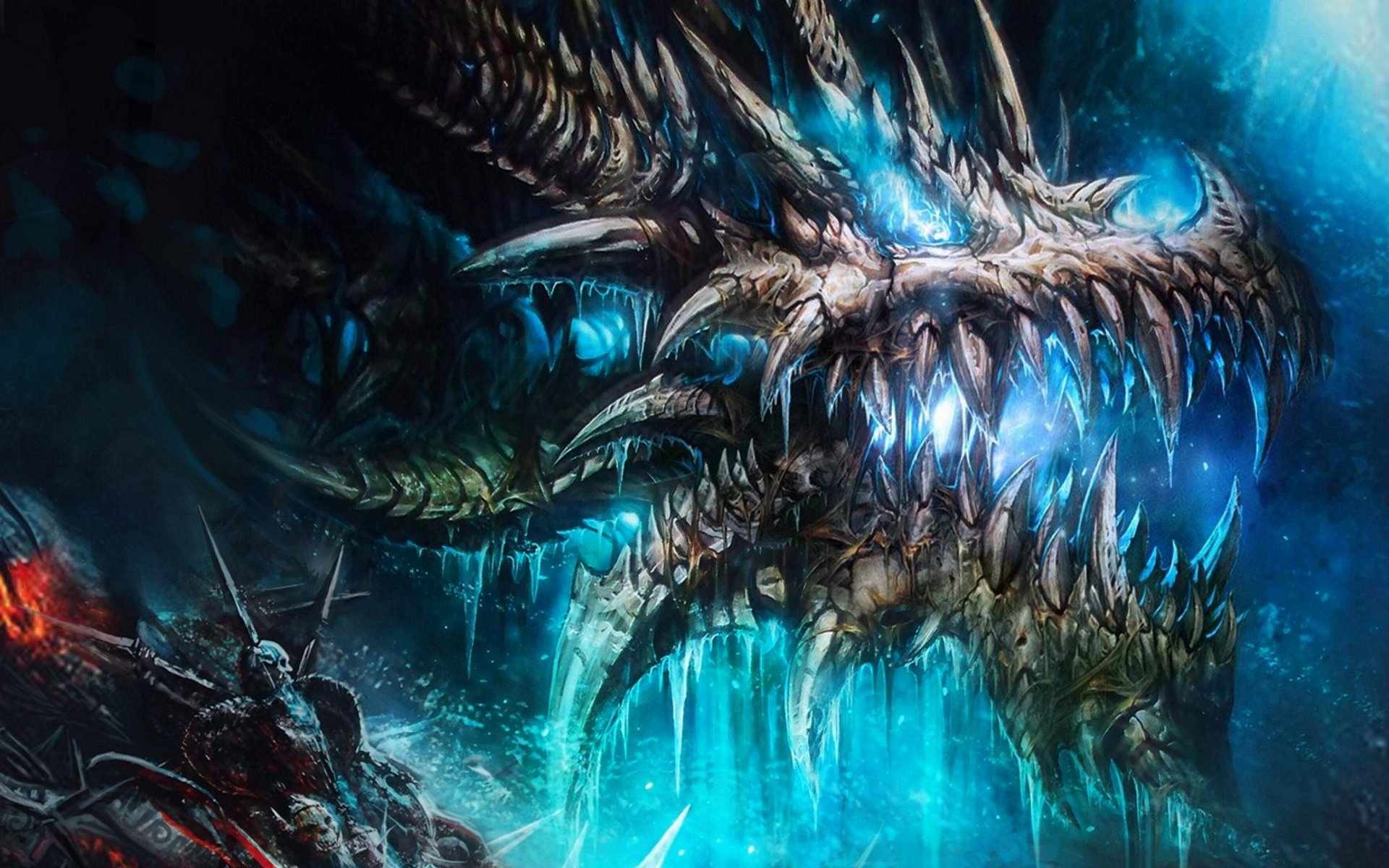 A fierce, icy blue dragon with glowing eyes and sharp teeth dominates the scene, possibly from a video game or fantasy art