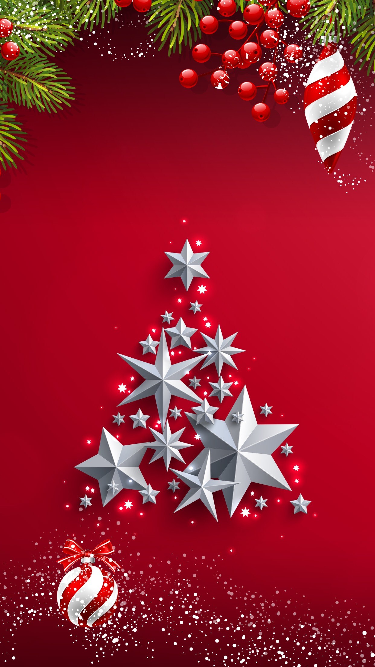 Christmas tree made of stars on a red background with holiday decorations