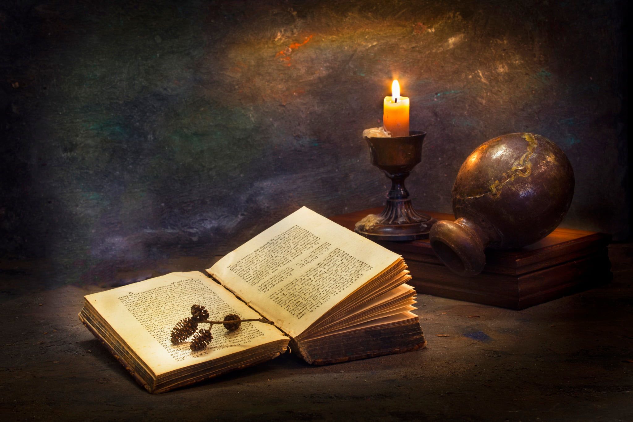 Open Book Beside Lamp Candle Pitcher 1080p Wallpaper