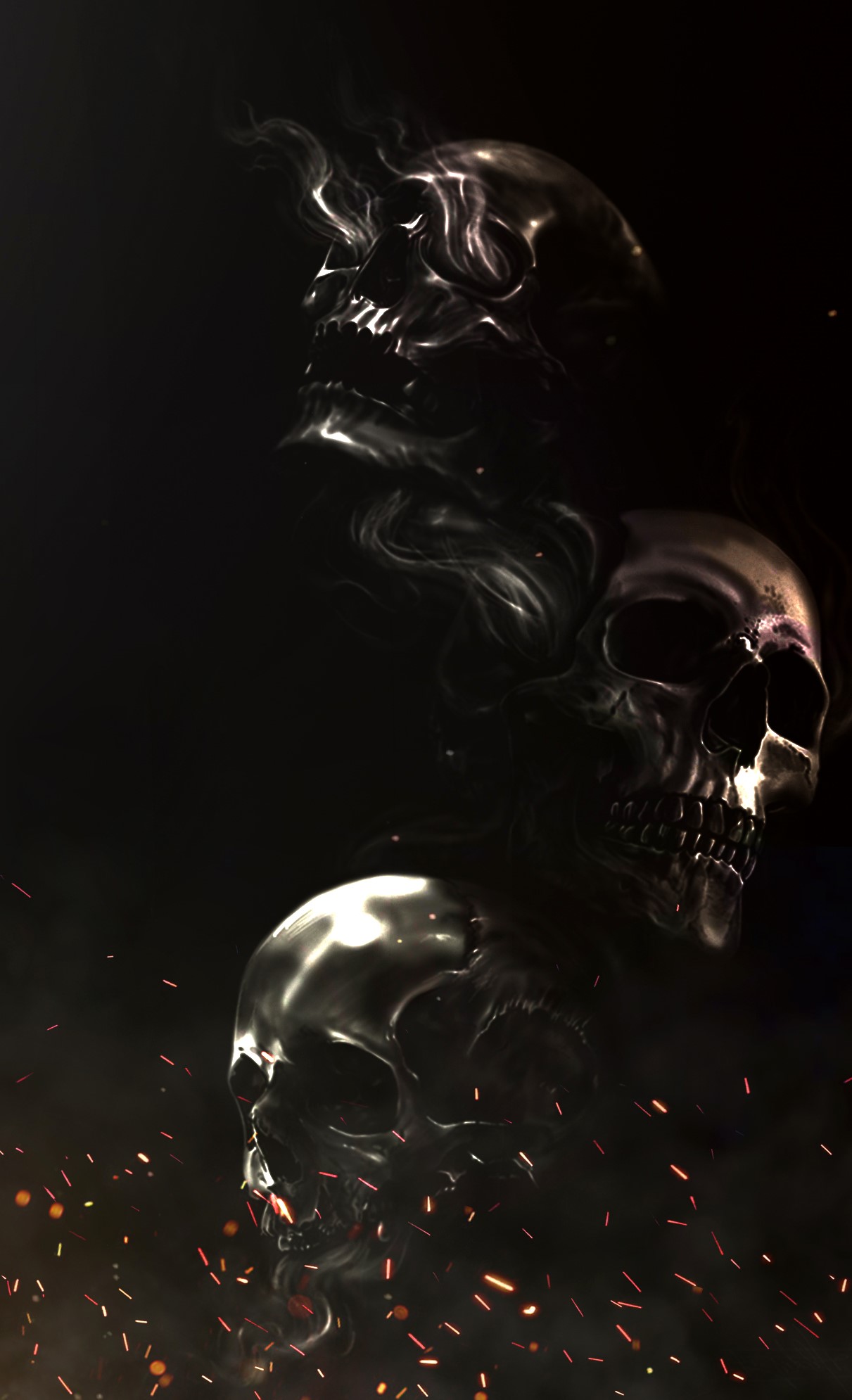 Three Skulls with Smoke and Embers on a Dark Background