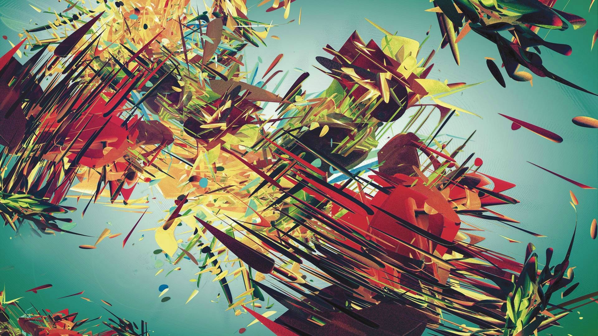 A vibrant and dynamic abstract art wallpaper with a chaotic yet harmonious composition of colorful shapes and lines