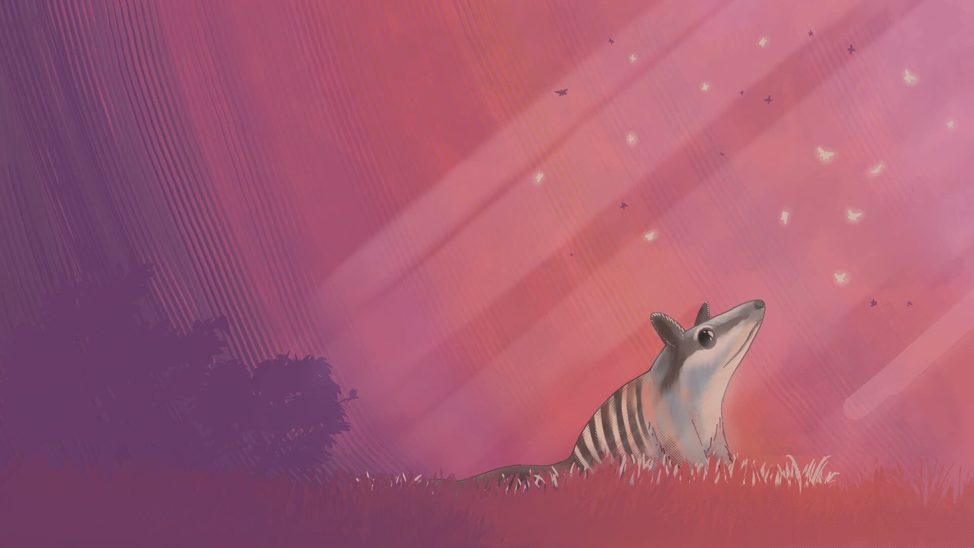 A numbat gazing at fireflies in a dusky landscape