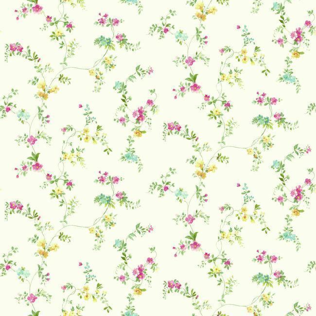 Wallpaper Traditional Small Print Watercolor Floral Vine Pink Yellow