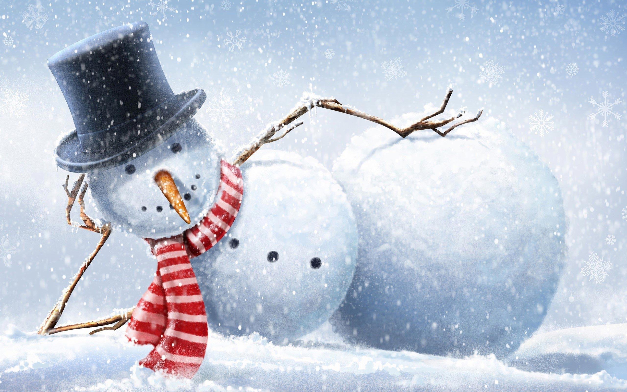 A whimsical snowman with a top hat and red and white striped scarf, playfully collapsed in the snow during a gentle snowfall