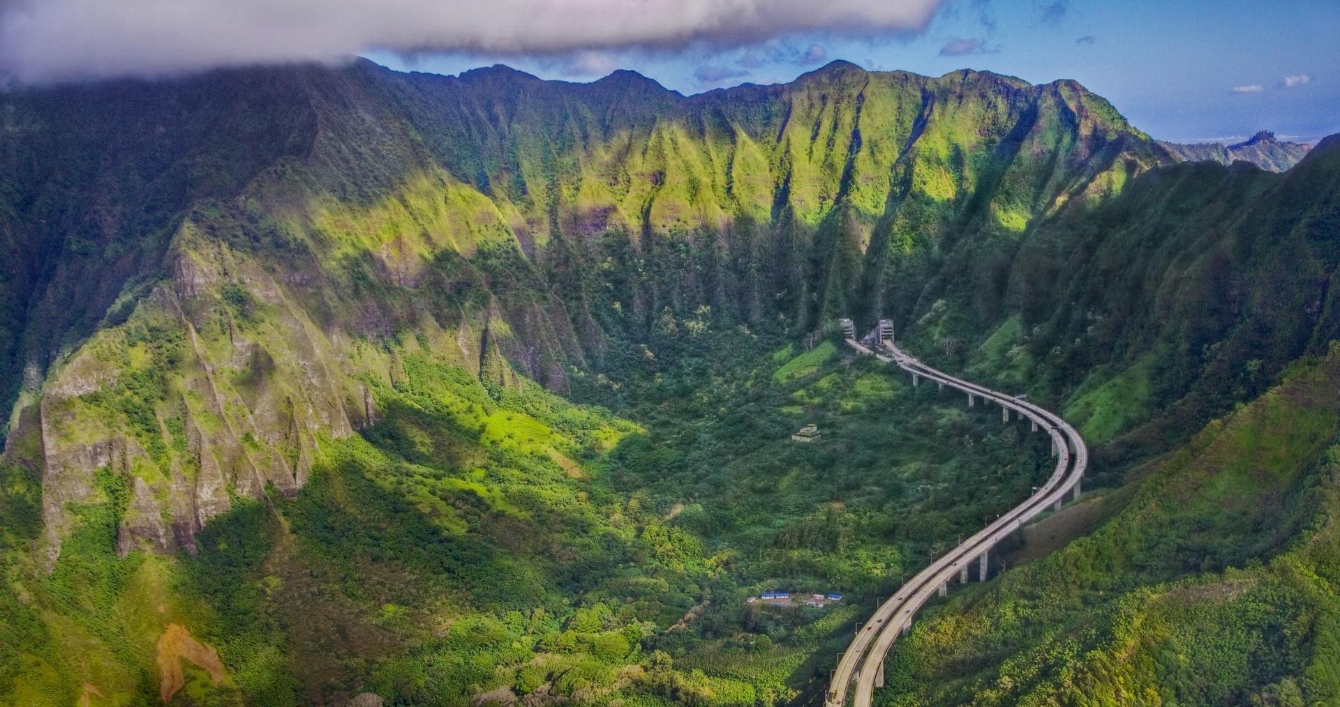 Nature Landscape Mountain Highway Forest Oahu Hawaii Aerial