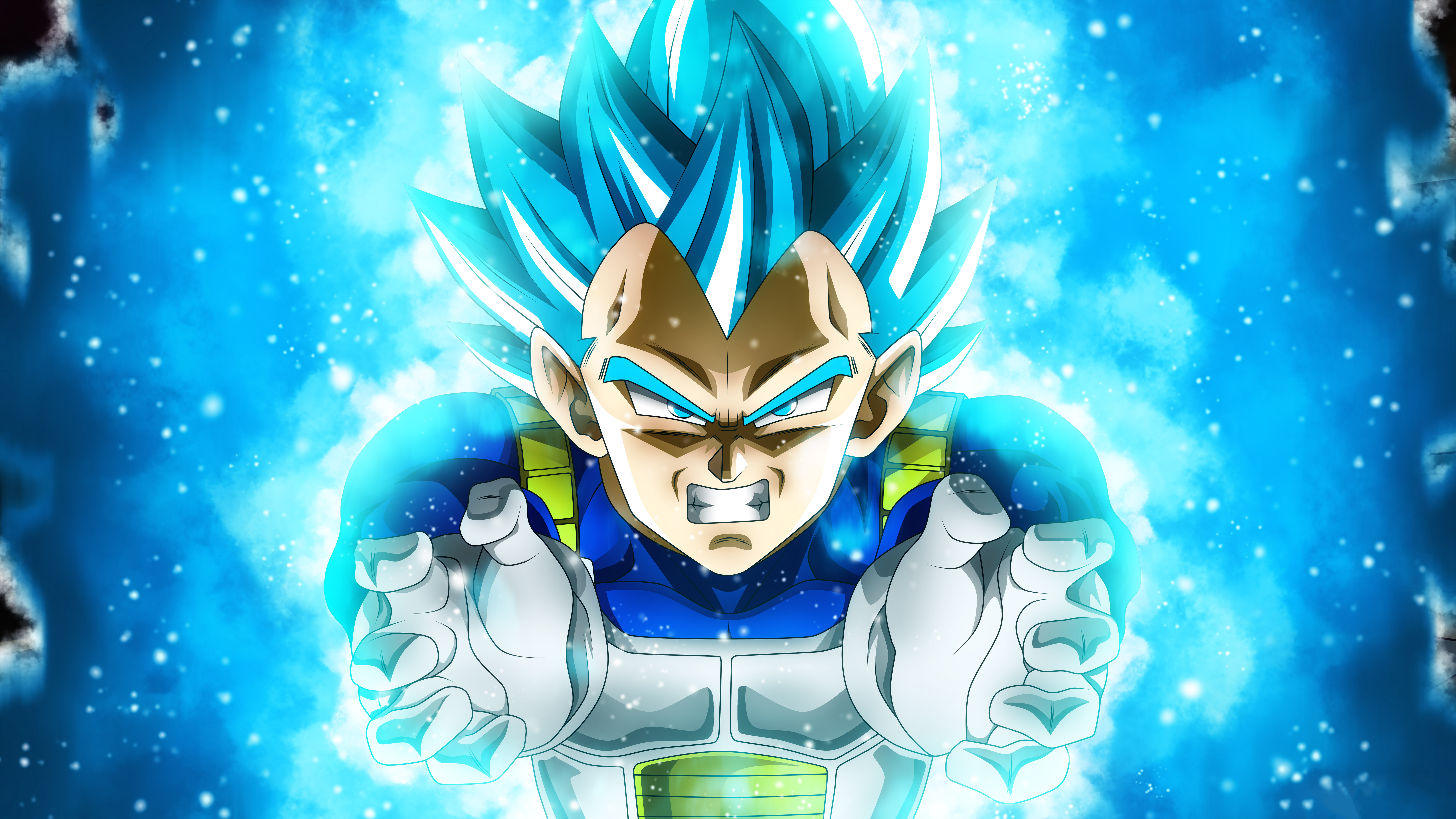 Super Saiyan Blue Vegeta from Dragon Ball Super, powering up with a blue aura