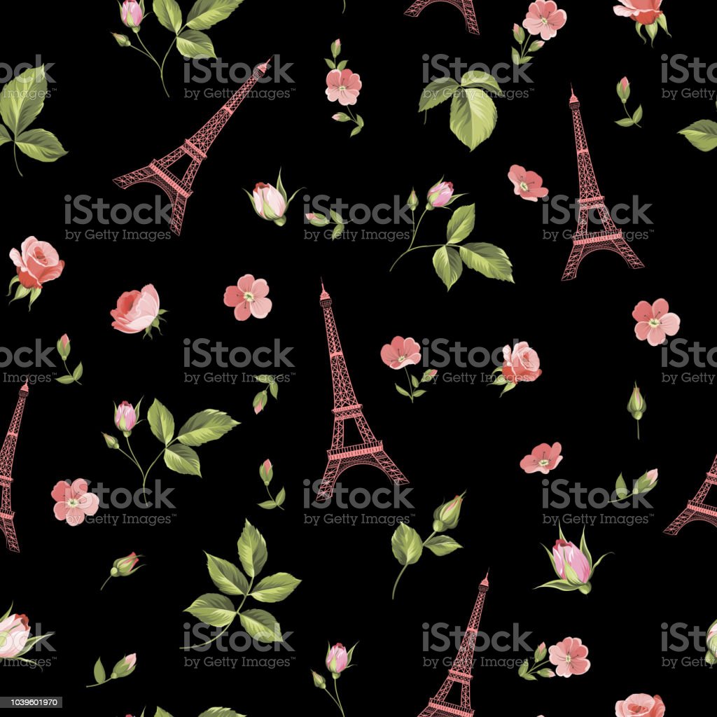 Pattern With Red Flowers Leaves And Eiffel Tower Background For