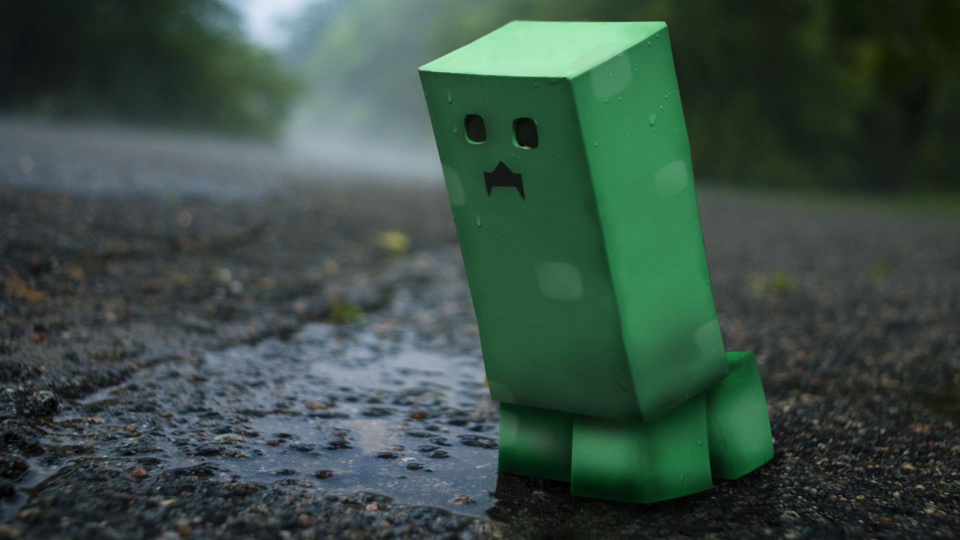 A sad Minecraft Creeper stands in the rain on a dark, wet road