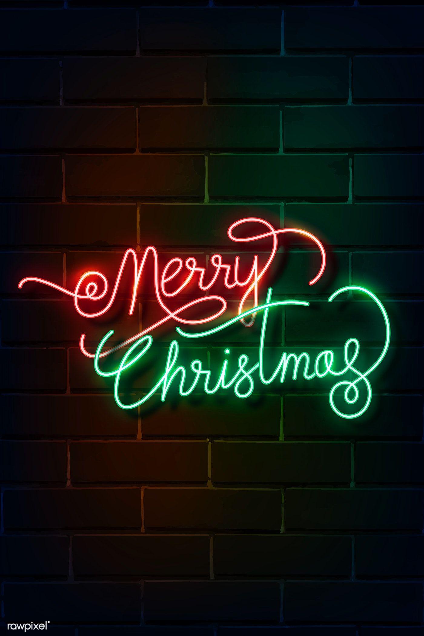 Merry Christmas neon sign on a dark brick wall vector premium