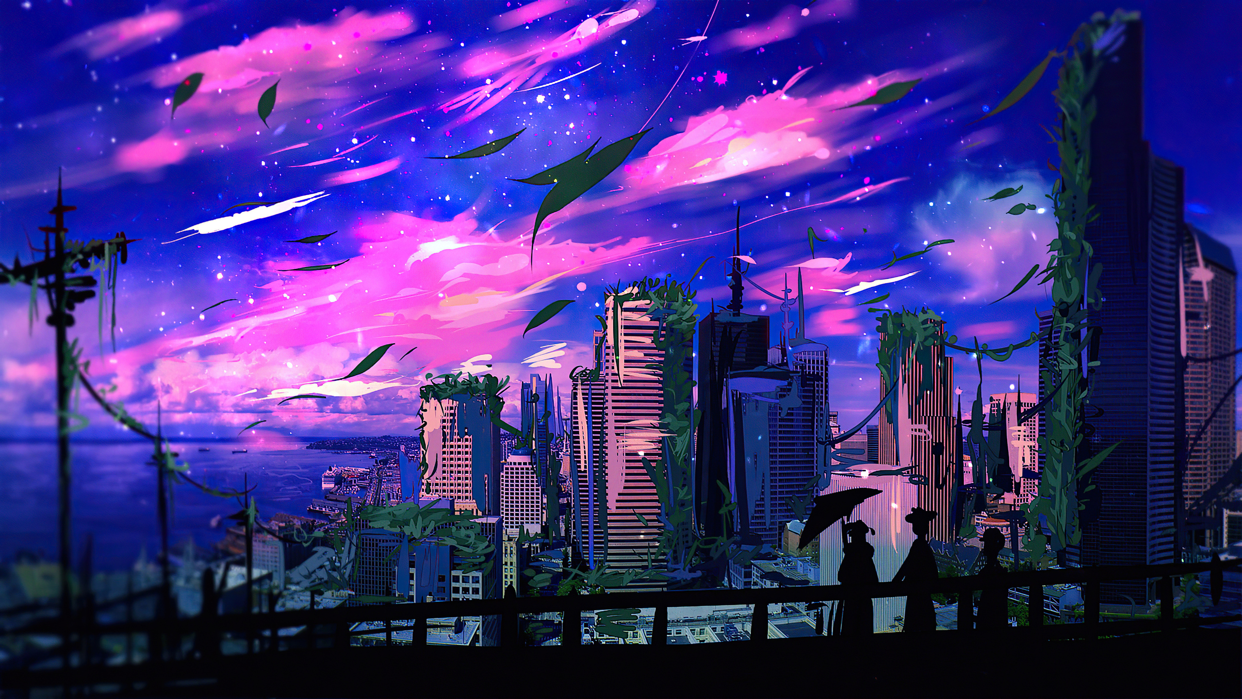 4K art wallpaper of a vibrant cityscape at sunset, with stylized pink and purple clouds, falling leaves, and silhouetted figures on a bridge in the foreground