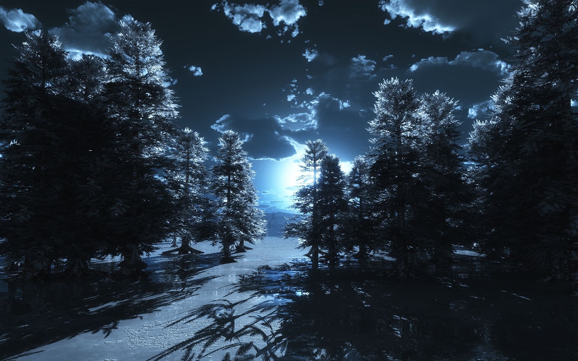 Moon Forest Blue Clouds Cold Night Pine Trees Sky Snow