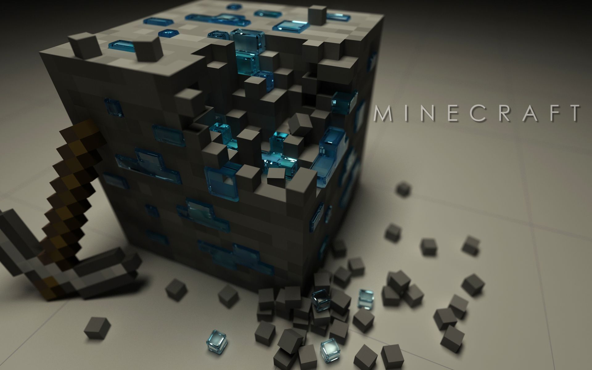 3D render of a Minecraft diamond ore block being mined with a diamond pickaxe, with scattered ore and block fragments