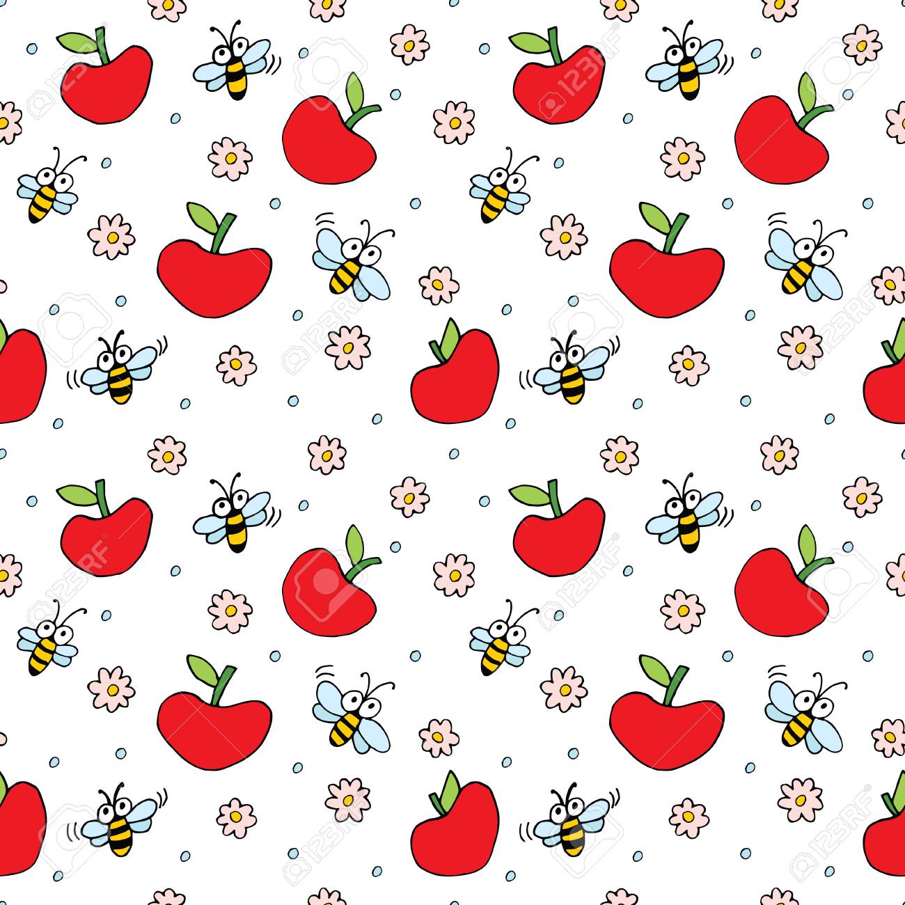 Seamless Background With Cartoon Bees Flowers And Apples Royalty