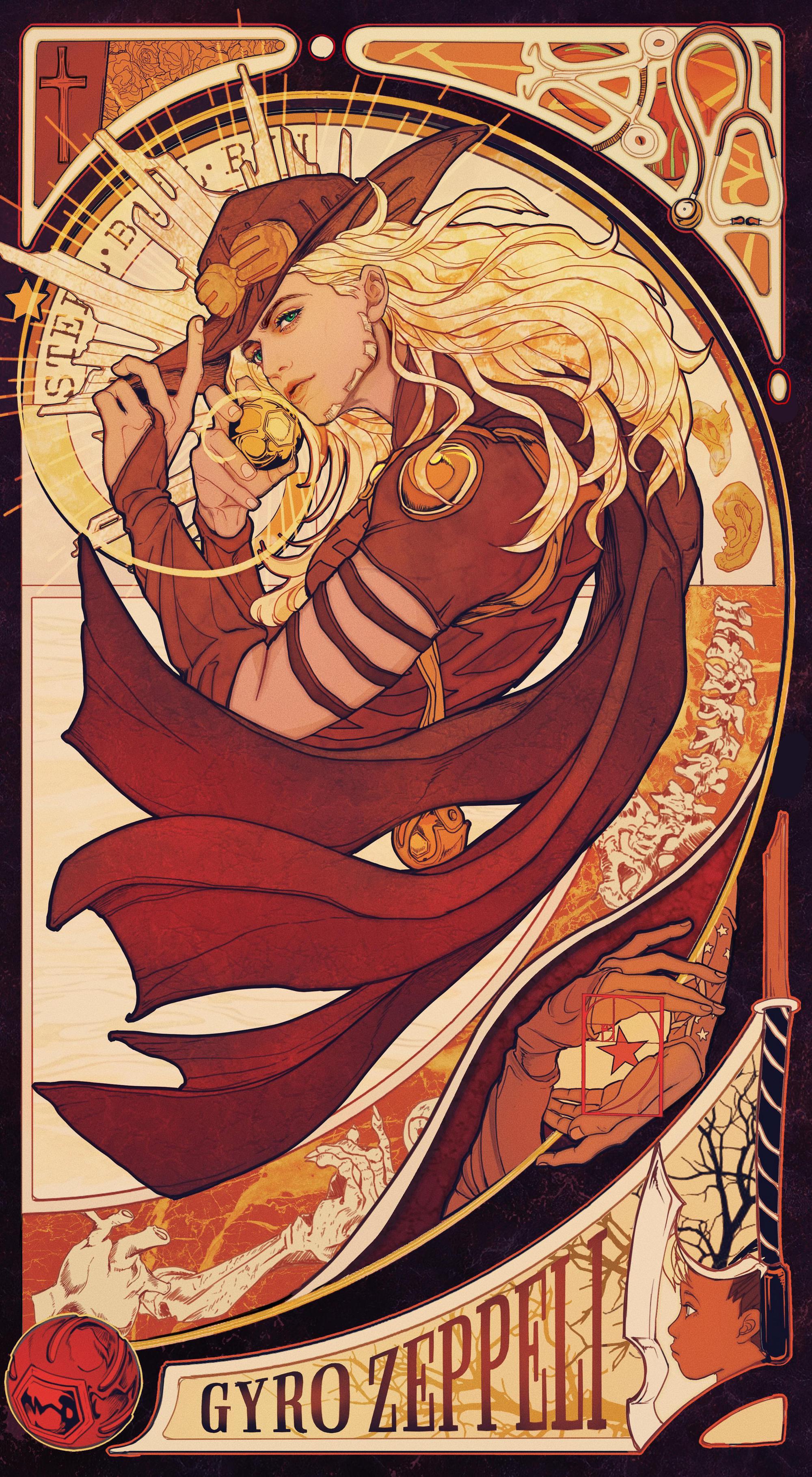 Art Nouveau-style portrait of Gyro Zeppeli from JoJo's Bizarre Adventure, holding a Steel Ball and wearing his signature hat, with the name 