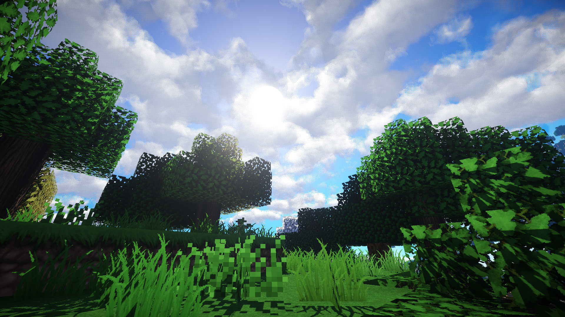 HD Minecraft wallpaper of a lush forest scene with pixelated trees, grass, and a bright blue sky with fluffy white clouds