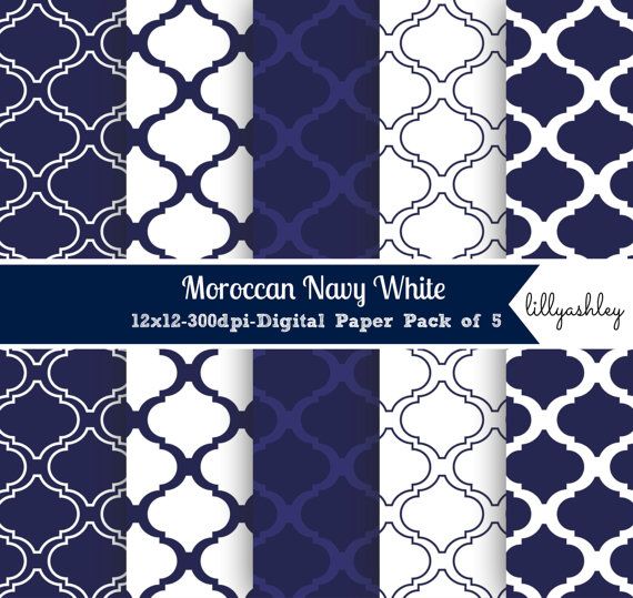 Moroccan Navy White Digital Paper Pack Of 5digital By Lillyashley