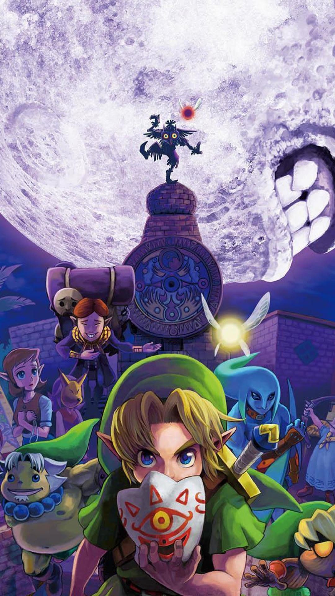 Link holding the Mask of Truth in front of his face, with the moon looming large behind him and various characters from The Legend of Zelda: Majora's Mask gathered around, promotional artwork for the game